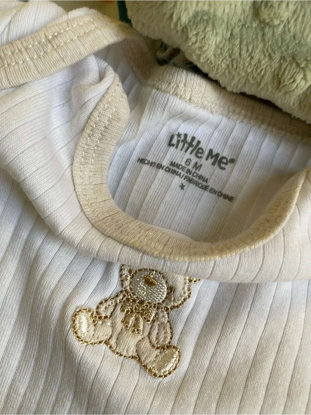Little Me Cream Ribbed Baby Onesie with Gold Teddy Embroidery